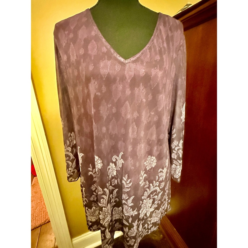 Bebonnie Tunic Top Women XXL Purple Excellent Floral Damask V-Neck Lined Boho